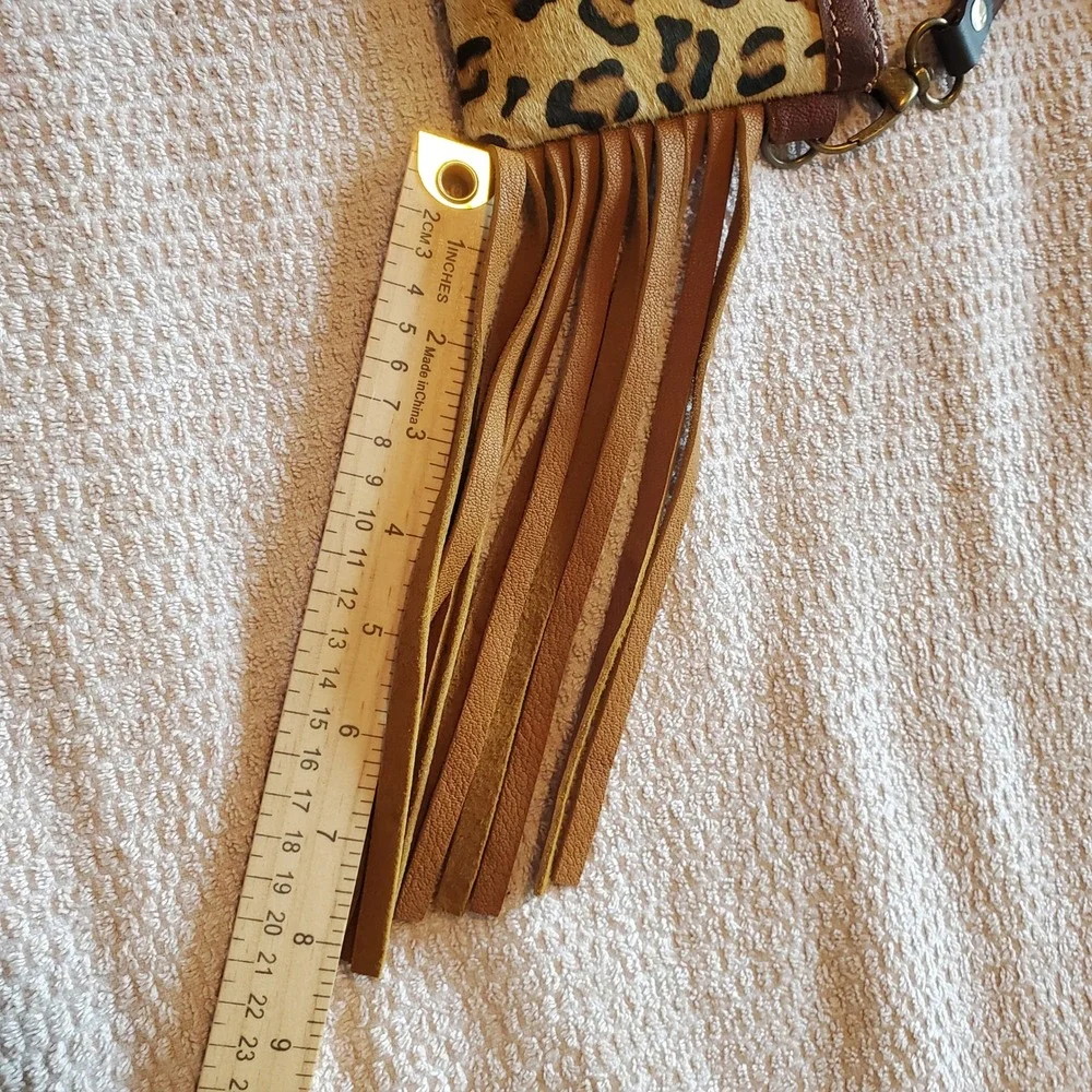 American Darling Leopard Cowhide Fringe Crossbody Bag Brown Leather Western Sz S